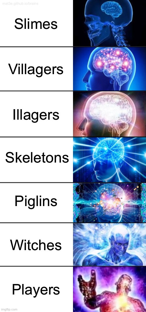 Java Mobs IQ in my opinion | Slimes; Villagers; Illagers; Skeletons; Piglins; Witches; Players | image tagged in 7-tier expanding brain | made w/ Imgflip meme maker