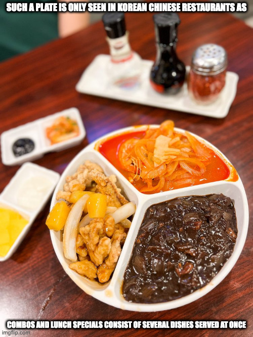 Combo Plate in a Korean Chinese Restaurant | SUCH A PLATE IS ONLY SEEN IN KOREAN CHINESE RESTAURANTS AS; COMBOS AND LUNCH SPECIALS CONSIST OF SEVERAL DISHES SERVED AT ONCE | image tagged in restaurant,memes,plate | made w/ Imgflip meme maker