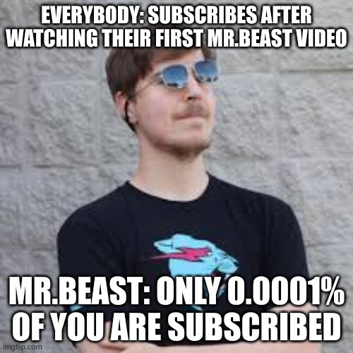 mrbeast | EVERYBODY: SUBSCRIBES AFTER WATCHING THEIR FIRST MR.BEAST VIDEO; MR.BEAST: ONLY 0.0001% OF YOU ARE SUBSCRIBED | image tagged in mrbeast | made w/ Imgflip meme maker