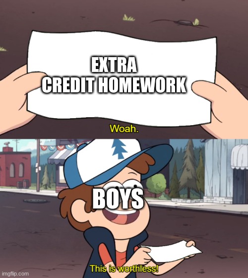 boys in school be like | EXTRA CREDIT HOMEWORK; BOYS | image tagged in this is worthless,school,homework,boys | made w/ Imgflip meme maker