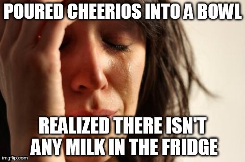 "Forget it I'm going back to bed -n-" | POURED CHEERIOS INTO A BOWL REALIZED THERE ISN'T ANY MILK IN THE FRIDGE | image tagged in memes,first world problems | made w/ Imgflip meme maker