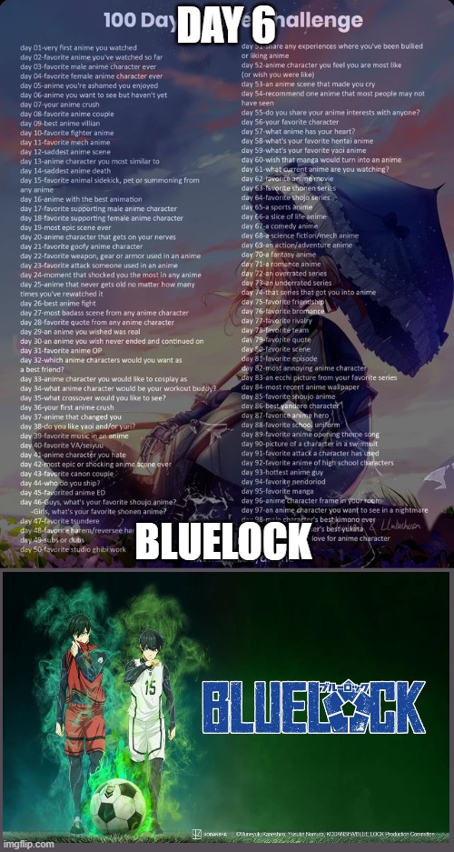 100 day anime challenge | DAY 6; BLUELOCK | image tagged in 100 day anime challenge | made w/ Imgflip meme maker