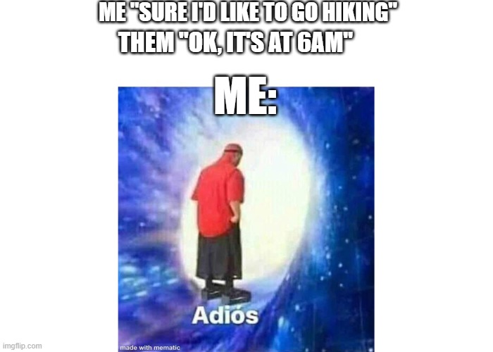 I'm not waking up at the crack of dawn to go hiking in a dessert | ME "SURE I'D LIKE TO GO HIKING"; THEM "OK, IT'S AT 6AM"; ME: | image tagged in text adios | made w/ Imgflip meme maker
