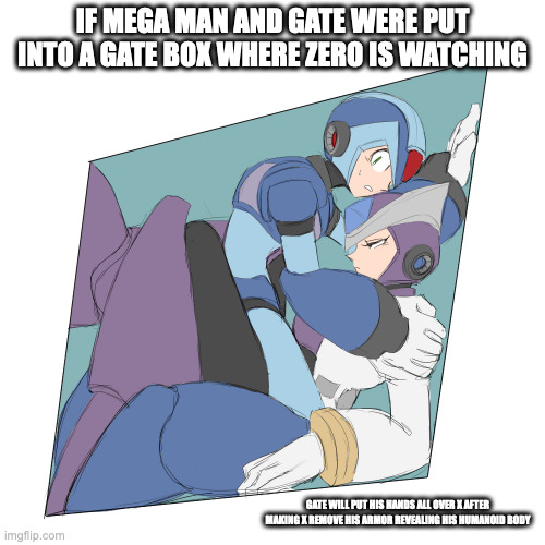 X and Gate in a Confined Space | IF MEGA MAN AND GATE WERE PUT INTO A GATE BOX WHERE ZERO IS WATCHING; GATE WILL PUT HIS HANDS ALL OVER X AFTER MAKING X REMOVE HIS ARMOR REVEALING HIS HUMANOID BODY | image tagged in megaman,megaman x,gate,memes | made w/ Imgflip meme maker
