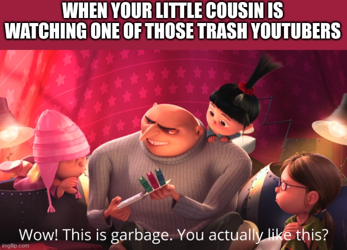 Wow! This is garbage. You actually like this? | WHEN YOUR LITTLE COUSIN IS WATCHING ONE OF THOSE TRASH YOUTUBERS | image tagged in wow this is garbage you actually like this | made w/ Imgflip meme maker