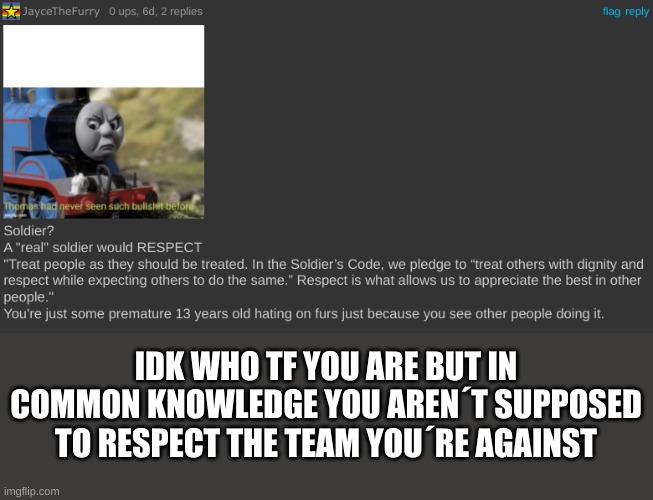 dummy | IDK WHO TF YOU ARE BUT IN COMMON KNOWLEDGE YOU AREN´T SUPPOSED TO RESPECT THE TEAM YOU´RE AGAINST | image tagged in antifurry | made w/ Imgflip meme maker