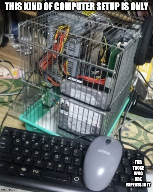 CPU in Bird Cage | THIS KIND OF COMPUTER SETUP IS ONLY; FOR THOSE WHO ARE EXPERTS IN IT | image tagged in computers,memes | made w/ Imgflip meme maker