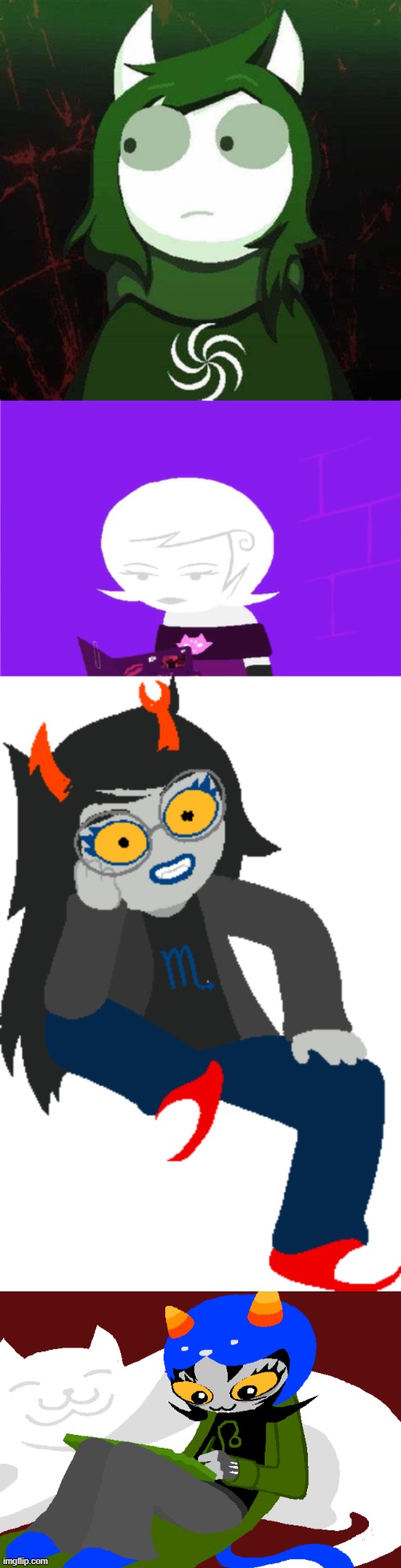 image tagged in jade my beloved,roxy lalonde unimpressed,vriska sitting,nepeta | made w/ Imgflip meme maker