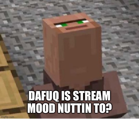 Minecraft Villager Looking Up | DAFUQ IS STREAM MOOD NUTTIN TO? | image tagged in minecraft villager looking up | made w/ Imgflip meme maker