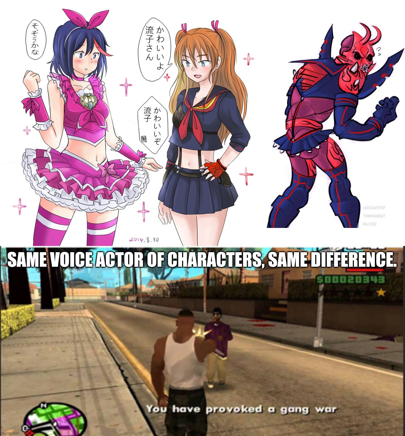 That's Voice Actors. Momotaros (Den-O) is Senketsu, & Cure Melody (Suite Precure) is Ryuko Matoi | SAME VOICE ACTOR OF CHARACTERS, SAME DIFFERENCE. | image tagged in you have provoked a gang war,kamen rider,precure,kill la kill | made w/ Imgflip meme maker