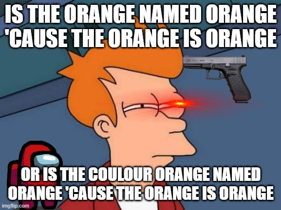 Futurama Fry Meme | IS THE ORANGE NAMED ORANGE 'CAUSE THE ORANGE IS ORANGE; OR IS THE COULOUR ORANGE NAMED ORANGE 'CAUSE THE ORANGE IS ORANGE | image tagged in memes,futurama fry | made w/ Imgflip meme maker