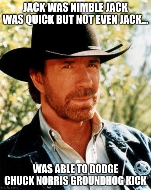 Chuck norris groundhog kick | JACK WAS NIMBLE JACK WAS QUICK BUT NOT EVEN JACK... WAS ABLE TO DODGE CHUCK NORRIS GROUNDHOG KICK | image tagged in memes,chuck norris | made w/ Imgflip meme maker