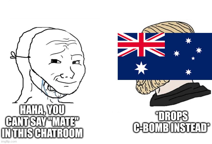 Masked wojak vs. Chad | HAHA, YOU CANT SAY "MATE" IN THIS CHATROOM; *DROPS C-BOMB INSTEAD* | image tagged in masked wojak vs chad,memes,australia | made w/ Imgflip meme maker