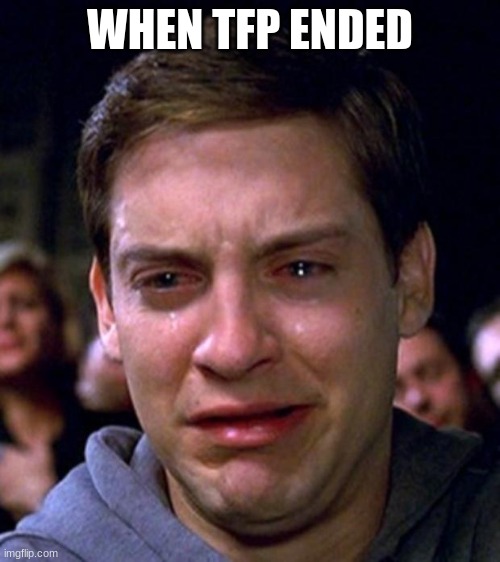 crying peter parker | WHEN TFP ENDED | image tagged in crying peter parker | made w/ Imgflip meme maker