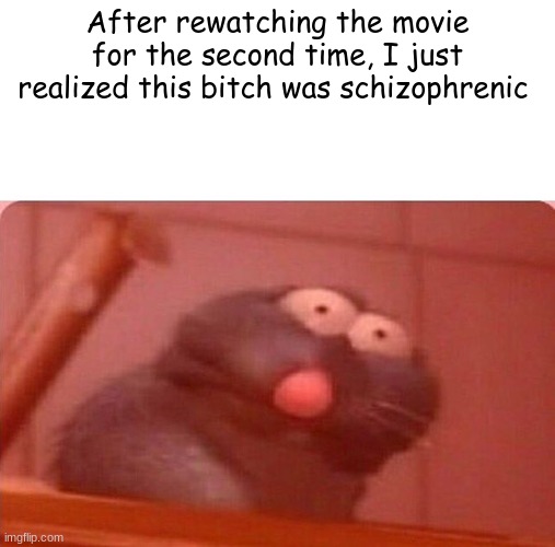 Ratatouille Triggered Remy | After rewatching the movie for the second time, I just realized this bitch was schizophrenic | image tagged in ratatouille triggered remy | made w/ Imgflip meme maker