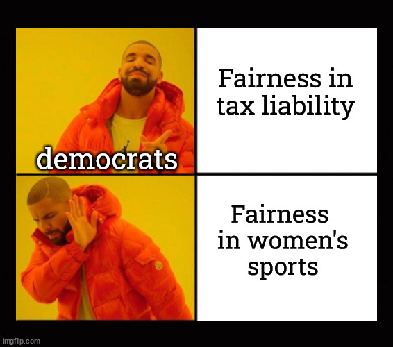 leftist hypocracy | Fairness in tax liability; democrats; Fairness 
in women's
sports | image tagged in transgender athletes,fairness,women's sports | made w/ Imgflip meme maker
