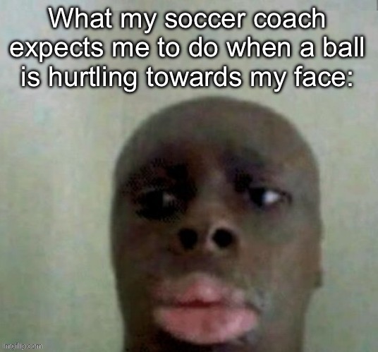 k dan | What my soccer coach expects me to do when a ball is hurtling towards my face: | image tagged in k dan | made w/ Imgflip meme maker
