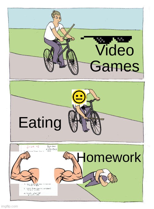 Homework Eating Games | Video Games; Eating; Homework | image tagged in memes,bike fall | made w/ Imgflip meme maker