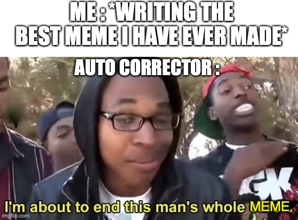 no cap I have to deal with dis all the time | ME : *WRITING THE BEST MEME I HAVE EVER MADE*; AUTO CORRECTOR :; MEME | image tagged in im gonna end this mans whole career,relatable memes,funny,autocorrector,its is so painful | made w/ Imgflip meme maker