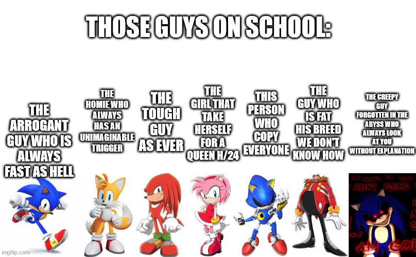 classmate be like(explained by sonic) | THOSE GUYS ON SCHOOL:; THE HOMIE WHO ALWAYS HAS AN UNIMAGINABLE TRIGGER; THE ARROGANT GUY WHO IS ALWAYS FAST AS HELL; THE TOUGH GUY AS EVER; THE GUY WHO IS FAT HIS BREED WE DON'T KNOW HOW; THE GIRL THAT TAKE HERSELF FOR A QUEEN H/24; THIS PERSON WHO COPY EVERYONE; THE CREEPY GUY FORGOTTEN IN THE ABYSS WHO ALWAYS LOOK AT YOU WITHOUT EXPLANATION | image tagged in blank white template | made w/ Imgflip meme maker