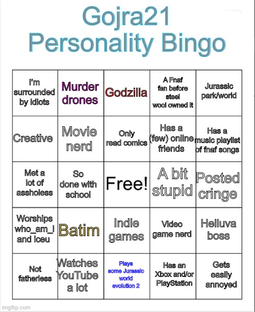 Idk I was bored so if you want to do it then go for it | Gojra21 Personality Bingo; Godzilla; Murder drones; Jurassic park/world; I’m surrounded by idiots; A Fnaf fan before steel wool owned it; Only read comics; Creative; Has a music playlist of fnaf songs; Has a (few) online friends; Movie nerd; A bit stupid; Met a lot of assholess; So done with school; Posted cringe; Worships who_am_i and iceu; Batim; Helluva boss; Video game nerd; Indle games; Watches YouTube a lot; Gets easily annoyed; Not fatherless; Plays some Jurassic world evolution 2; Has an Xbox and/or PlayStation | image tagged in blank bingo,videogames,youtube,i'm surrounded by idiots,school sucks | made w/ Imgflip meme maker