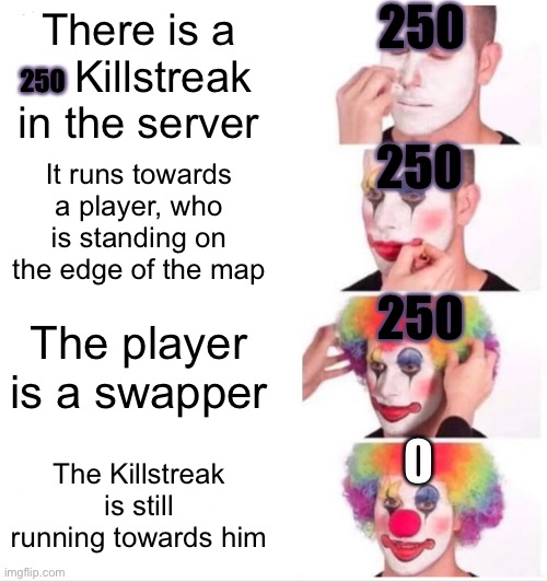 Stupid 250 Killstreak | 250; There is a     Killstreak in the server; 250; 250; It runs towards a player, who is standing on the edge of the map; 250; The player is a swapper; The Killstreak is still running towards him | image tagged in memes,clown applying makeup | made w/ Imgflip meme maker