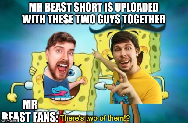 There's two of them!? | MR BEAST SHORT IS UPLOADED WITH THESE TWO GUYS TOGETHER; MR BEAST FANS: | image tagged in there's two of them | made w/ Imgflip meme maker