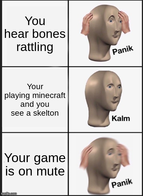 Panik Kalm Panik | You hear bones rattling; Your playing minecraft and you see a skelton; Your game is on mute | image tagged in memes,panik kalm panik | made w/ Imgflip meme maker