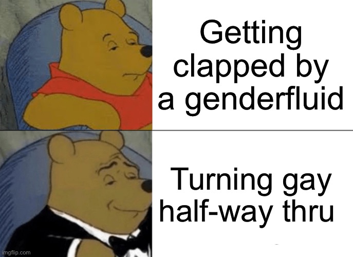 Tuxedo Winnie The Pooh Meme | Getting clapped by a genderfluid Turning gay half-way thru | image tagged in memes,tuxedo winnie the pooh | made w/ Imgflip meme maker