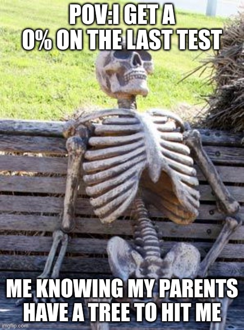 Waiting Skeleton Meme | POV:I GET A 0% ON THE LAST TEST; ME KNOWING MY PARENTS HAVE A TREE TO HIT ME | image tagged in memes,waiting skeleton,school | made w/ Imgflip meme maker