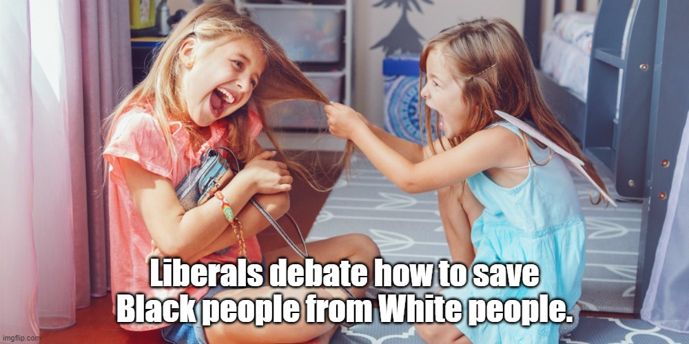 "Quit micro-aggressing me!!!" | Liberals debate how to save Black people from White people. | image tagged in liberal,stupid liberals,racism | made w/ Imgflip meme maker
