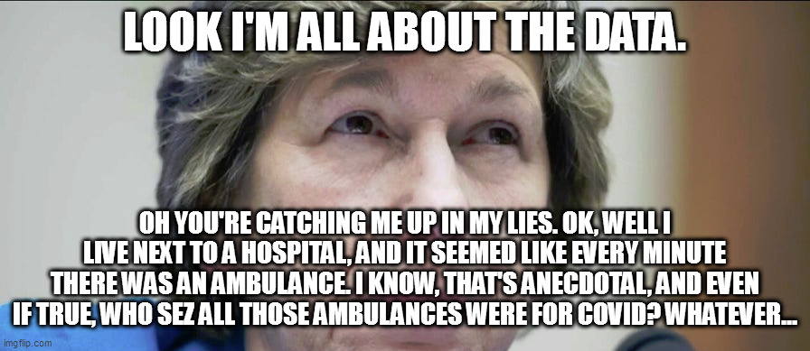 LOOK I'M ALL ABOUT THE DATA. OH YOU'RE CATCHING ME UP IN MY LIES. OK, WELL I LIVE NEXT TO A HOSPITAL, AND IT SEEMED LIKE EVERY MINUTE THERE WAS AN AMBULANCE. I KNOW, THAT'S ANECDOTAL, AND EVEN IF TRUE, WHO SEZ ALL THOSE AMBULANCES WERE FOR COVID? WHATEVER... | image tagged in memes | made w/ Imgflip meme maker