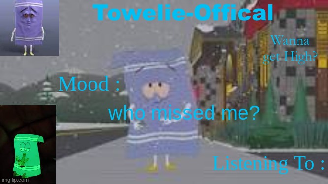 Towelie-Offical`s Template | who missed me? | image tagged in towelie-offical s template | made w/ Imgflip meme maker