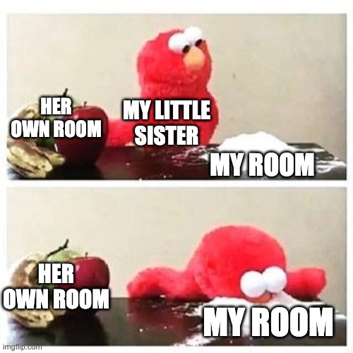 why? | HER OWN ROOM; MY LITTLE SISTER; MY ROOM; HER OWN ROOM; MY ROOM | image tagged in elmo cocaine,siblings | made w/ Imgflip meme maker
