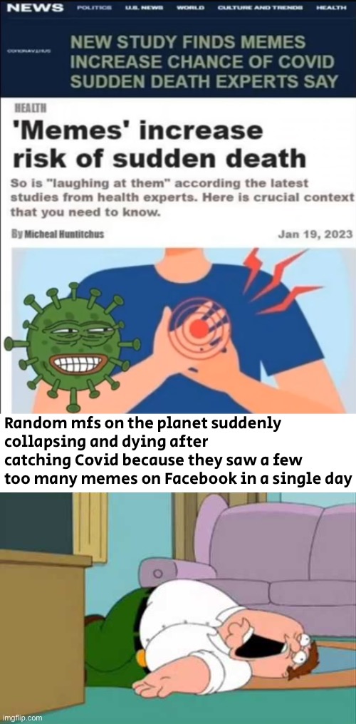 News sites are interesting sometimes | Random mfs on the planet suddenly collapsing and dying after catching Covid because they saw a few too many memes on Facebook in a single day | image tagged in memes,funny,ai generated meme,yes really,this is an ai generated meme,im coming for you john connor | made w/ Imgflip meme maker