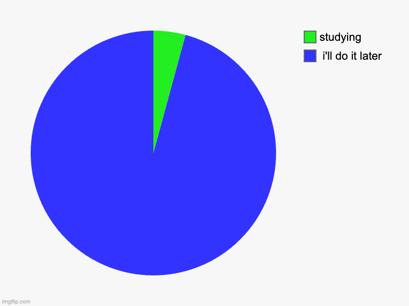 i'll do it later, studying | image tagged in charts,pie charts | made w/ Imgflip chart maker