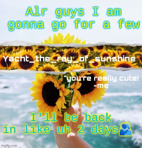 yacht's sunflower temp (THANK YOU SUGA) | Alr guys I am gonna go for a few; I'll be back in like uh 2 days🫂 | image tagged in yacht's sunflower temp thank you suga | made w/ Imgflip meme maker