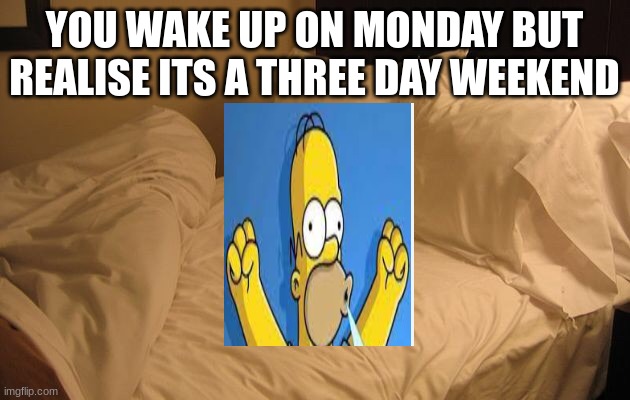 Bed | YOU WAKE UP ON MONDAY BUT REALISE ITS A THREE DAY WEEKEND | image tagged in bed | made w/ Imgflip meme maker