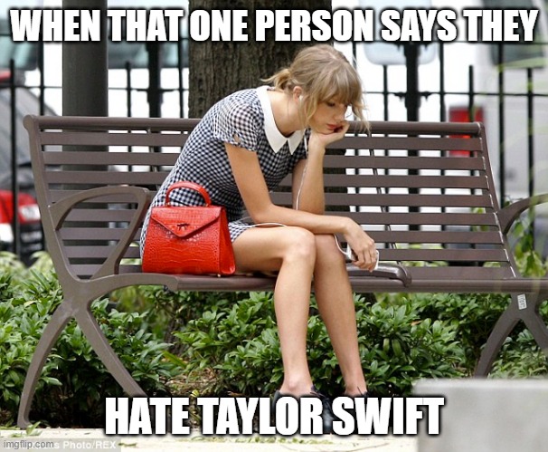 sad taylor swift | WHEN THAT ONE PERSON SAYS THEY; HATE TAYLOR SWIFT | image tagged in sad taylor swift | made w/ Imgflip meme maker