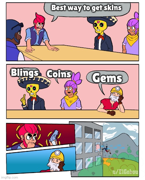 No wasting gems | Best way to get skins; Blings; Coins; Gems | image tagged in brawl stars boardroom meeting suggestion,brawl stars | made w/ Imgflip meme maker