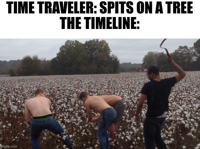 reversed slavery | TIME TRAVELER: SPITS ON A TREE
THE TIMELINE: | image tagged in reversed slavery,dark humor,time travel | made w/ Imgflip meme maker