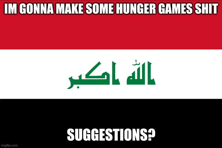 Flag of Iraq | IM GONNA MAKE SOME HUNGER GAMES SHIT; SUGGESTIONS? | image tagged in flag of iraq | made w/ Imgflip meme maker
