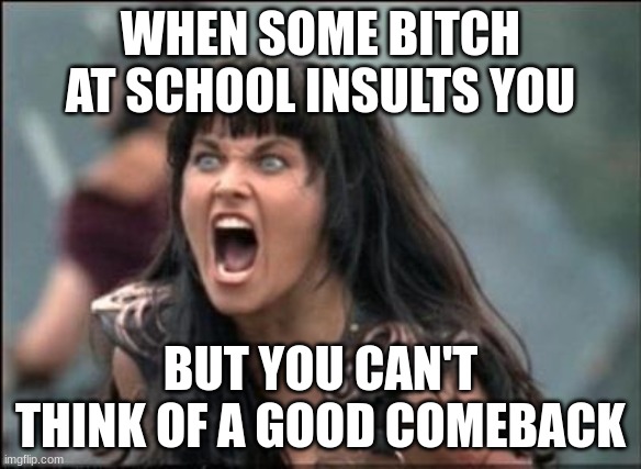 this always happens to me | WHEN SOME BITCH AT SCHOOL INSULTS YOU; BUT YOU CAN'T THINK OF A GOOD COMEBACK | image tagged in pissed off,bitch,karen,mad,comeback | made w/ Imgflip meme maker