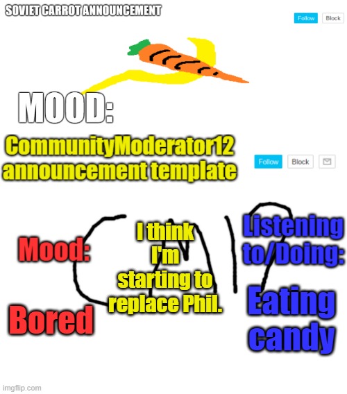 Mod note: hey carrot! | I think I'm starting to replace Phil. Eating candy; Bored | image tagged in sc and cm12 duo template | made w/ Imgflip meme maker