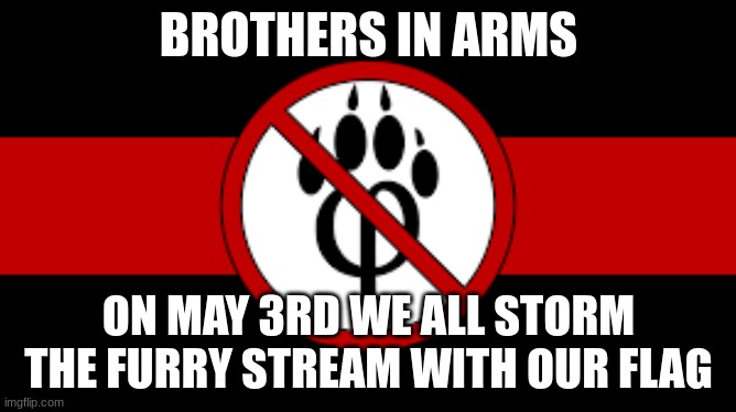 we shal provale | BROTHERS IN ARMS; ON MAY 3RD WE ALL STORM THE FURRY STREAM WITH OUR FLAG | made w/ Imgflip meme maker