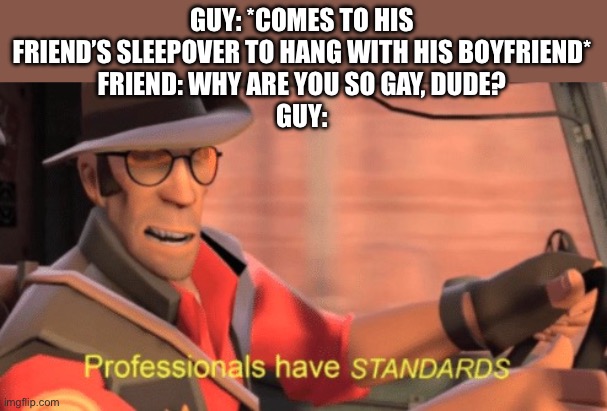 Professionals have standards | GUY: *COMES TO HIS FRIEND’S SLEEPOVER TO HANG WITH HIS BOYFRIEND*
FRIEND: WHY ARE YOU SO GAY, DUDE?
GUY: | image tagged in professionals have standards | made w/ Imgflip meme maker