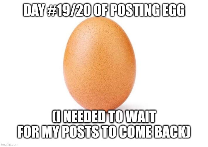 EGG | DAY #19/20 OF POSTING EGG; (I NEEDED TO WAIT FOR MY POSTS TO COME BACK) | image tagged in eggbert,eggs,egg | made w/ Imgflip meme maker