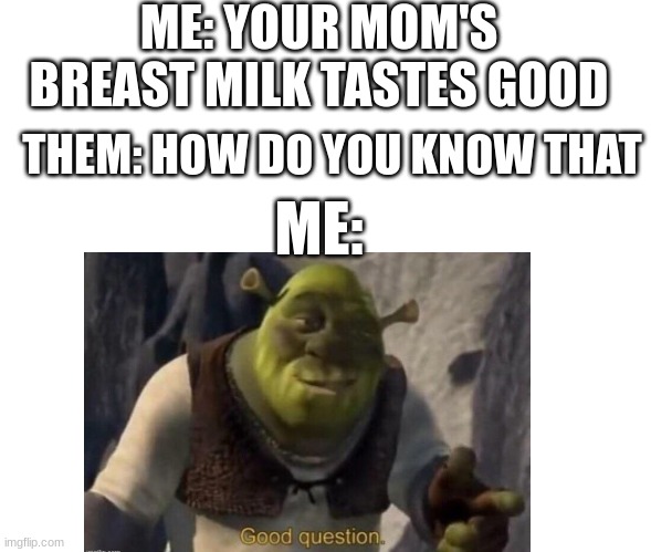 ME: YOUR MOM'S BREAST MILK TASTES GOOD; THEM: HOW DO YOU KNOW THAT; ME: | image tagged in funny | made w/ Imgflip meme maker