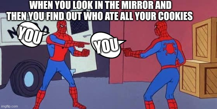 Spider Man Double | WHEN YOU LOOK IN THE MIRROR AND THEN YOU FIND OUT WHO ATE ALL YOUR COOKIES; YOU; YOU | image tagged in spider man double | made w/ Imgflip meme maker