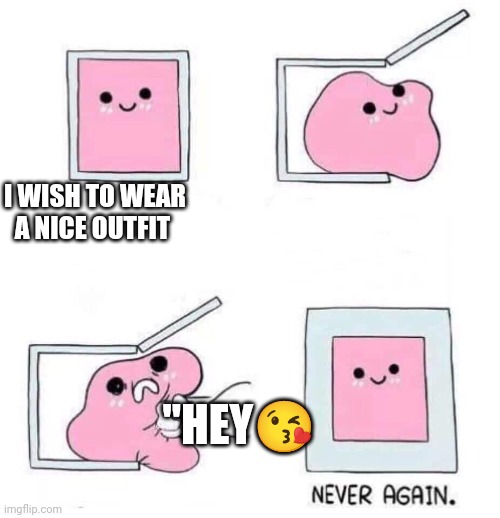 Uh huh | I WISH TO WEAR A NICE OUTFIT; "HEY😘 | image tagged in never again | made w/ Imgflip meme maker